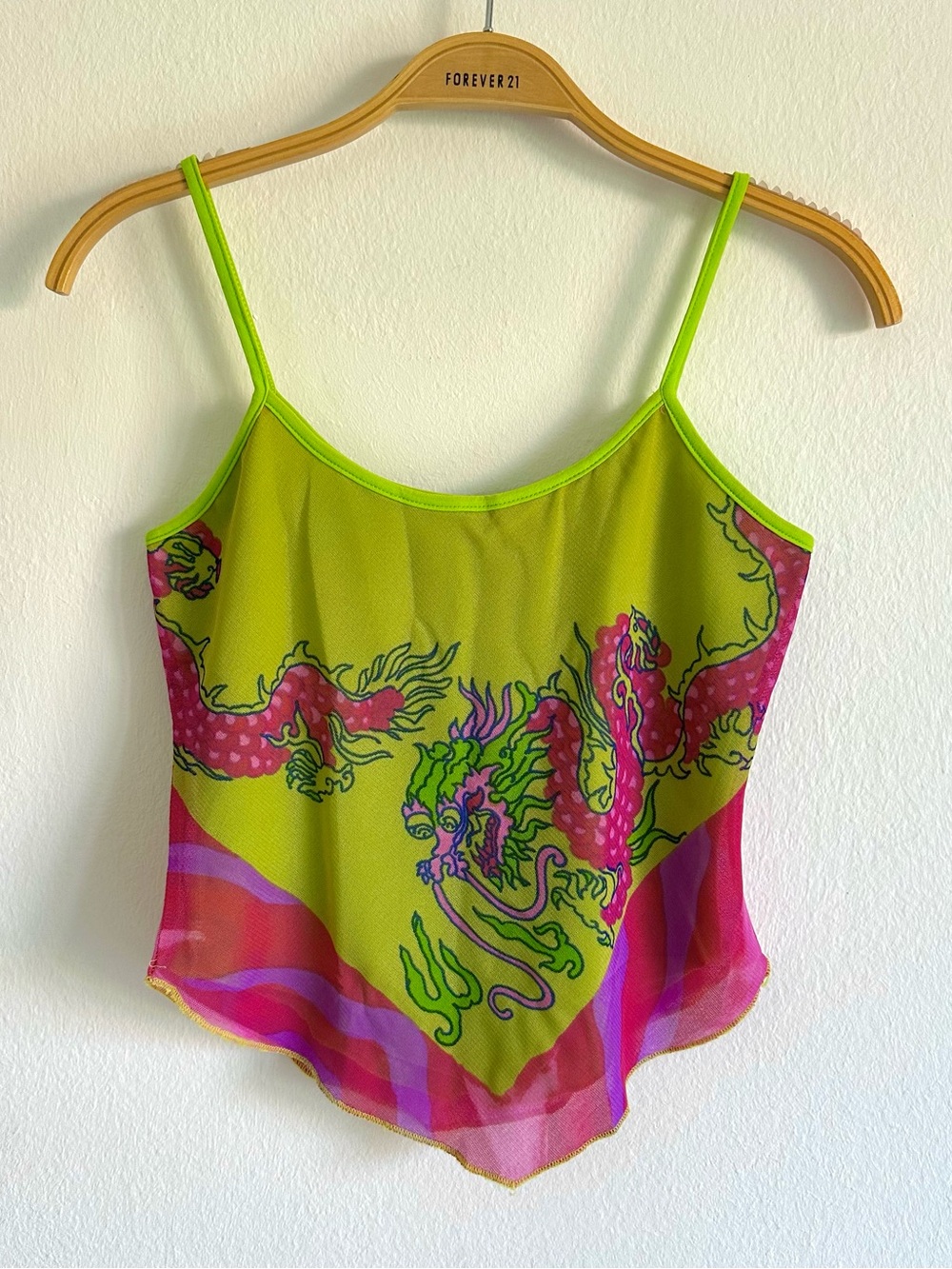 Vintage Y2K Astuces Tank Top Green Dragon Pink Mesh Asymmetrical Fairy Grunge - Picture 1 of 13